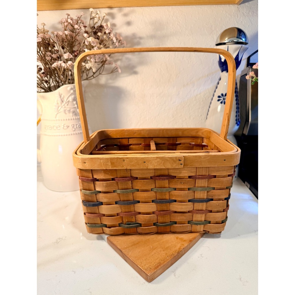 Handwoven Wooden Divided Utility Basket with Handle Red Green Blue Accents